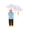 Frightened little boy child character afraid of thunderstorm covering ears from loud sound