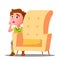 Frightened Little Boy Looks Out From Behind The Armchair Vector. Isolated Illustration