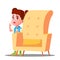 Frightened Little Girl Looks Out From Behind The Armchair Vector. Isolated Illustration