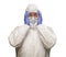 Frightened Man Holding Head With Hands Wearing HAZMAT Protective Clothing I