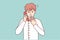 Frightened man holding telephone receiver near ear feel fear after telephone threats. Vector image