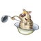 A frightened striped cartoon cat is swimming in a basin and paddling with a ladle. Illustration on a white background