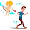 Frightened Teen Guy Running From Valentine s Day Cupid Vector. Illustration
