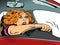 frightened woman driving, speed on the road. Emotions of the driver and the rules of the road. Accident