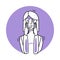 Frightened woman, emotion of fear, facial expression with gestures. Afraid female, expressing her panic feelings. Purple vector