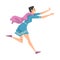 Frightened Young Woman in Blue Dress Running Away Cartoon Style Vector Illustration