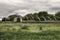 Frightening abandoned and overgrown ruins of agricultural buildings on a rural farm in the fields under a cloudy sky