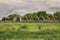 Frightening abandoned and overgrown ruins of agricultural buildings on a rural farm in the fields under a cloudy sky