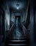 Frightening ghost in abandoned haunted house for spooky Halloween. Scary ghostly spirit on stairs. Generative AI