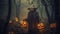 Frightening Halloween scene, scary picture background. Monster with pumpkins in