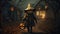 Frightening Halloween scene, scary picture background. Scarecrow with pumpkins AI
