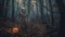 Frightening Halloween scene, scary picture background. Skeleton in the forest