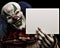 Frightening scary clown with sharp fangs piercing the darkness holding a black advertisement card with room for your text