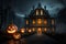 A frightful gathering: A close-up shot of a Halloween party border with a creepy haunted mansion in the distance with Generative