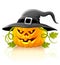 Frightful halloween pumpkin vegetable in black hat