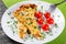 Frittata with deviled eggs, ricotta, onion, tomatoes and bell peppers