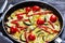 Frittata, omelet with sausages, veggies, top view