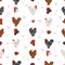 Frizzle Chicken breeds seamless pattern. Poultry and farm animals. Different colors set