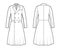 Frock coat technical fashion illustration with double breasted, fitted body, long sleeve, round collar peak, knee length