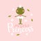 Frog ballerina card with lettering. Vector illustration of a cute character in a tutu dancing ballet. Hand-drawn cartoon