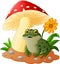 Frog cartoon sit under mushroom