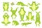 Frog cute set, funny happy green frog characters croak jump hop leap sleep collection