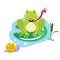 Frog eating moth on pond cartoon clipart vector set.