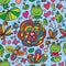 Frog flower line drawing seamless pattern