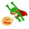 Frog flying in superhero cloak and next to it inscription in speech balloon. Vector illustration. Design element