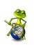 Frog on a globe with a magnifying glass