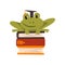 Frog in graduation cap sitting on a pile of books, cute amphibian animal cartoon character, school education and