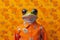 frog in an orange shirt, in the style of bold fashion photography