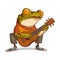 A frog playing guitar, vector illustration. Humanized musician frog. Cheerful anthropomorphic frog, sitting on his haunches and