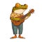 A frog playing guitar, vector illustration. Humanized musician frog. Cheerful anthropomorphic frog, wearing summer outfit and