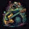 A frog playing a guitar and wearing goggles. Generative AI image.