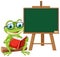 Frog reading book in front of chalkboard