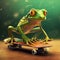 Frog riding on skateboard. Created using ai generative.