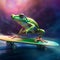 Frog riding on skateboard. Created using ai generative.