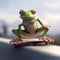 Frog riding on skateboard. Created using ai generative.