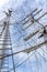 Frog`s view of the masts, rigging and ropes of a large sailing vessel