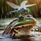 Frog sits in pond with dragonfly perched on nose