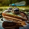 Frog sits in pond with dragonfly perched on nose