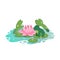 Frog sitting on a leaf in pond. Beautiful pink water lily amongst leaves.