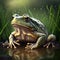 A frog is sitting by the pool in the pouring rain.Generative AI