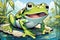 Frog sitting water pond cartoon comedy learning coloring book