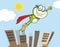 Frog Superhero Cartoon Character Flying Over The City