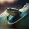 Frog surfing a wave on a surfboard, closeup.