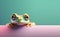 Frog toad peeking over pastel bright background. advertisement, banner, card. copy text space. Generative AI