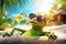 a frog tourist relaxing at beach vacation at a tropical resort, funny holiday concept, AI generative