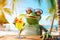 a frog tourist relaxing at beach vacation at a tropical resort, funny holiday concept, AI generative